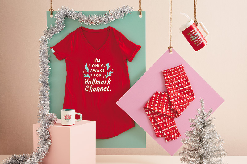 Hallmark Channel gift ideas for the mom and daughter duo include a comfy Hallmark Channel sleep shirt, cozy leggings, a mug and a water bottle.