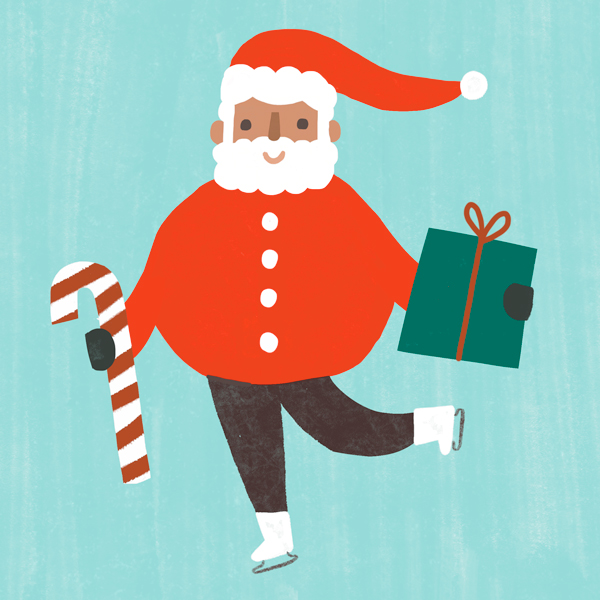 An illustration of Santa Claus wearing ice skates and holding a wrapped gift in one hand and a giant candy cane in the other.