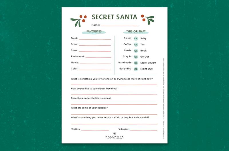 Our free printable Secret Santa gift exchange survey can help a lot when it comes to deciding what to get!