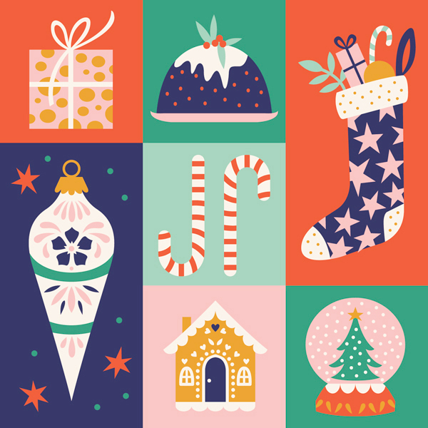An illustration of several different Christmas icons, including a stocking, a snow globe, a gingerbread house, a fruitcake, a wrapped gift, candy canes and a Christmas ornament, laid out in a grid presentation.