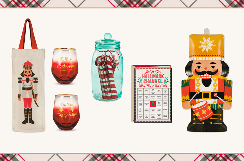 A selection of nutcracker-themed gifts for the sentimental recipient could include a nutcracker bottle bag and stemless wineglass set, a Hallmark Channel Christmas movie bingo greeting card, a nutcracker-shaped ceramic platter, and a Christmas activities jar with candy cane papers.