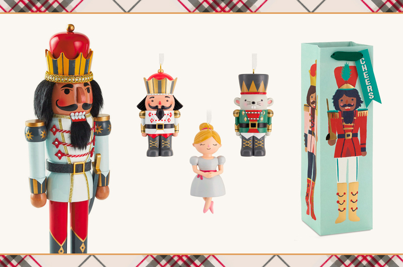 A selection of nutcracker-themed gifts for the collector could include a traditional nutcracker figurine, a three-piece set of nutcracker ornaments that features a nutcracker, a mouse king, and a ballerina, and a bottle bag featuring a whimsical illustration of a nutcracker prince in a different style on each of its four sides.