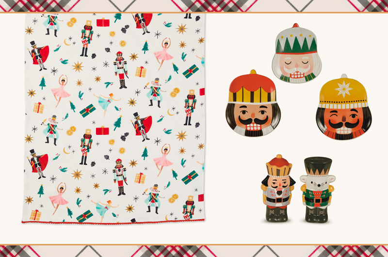 A selection of nutcracker-themed gifts for the Christmas decor enthusiast includes a tea towel featuring nutcracker ballet themed illustrations, a set of three nesting plates in the shape of different nutcracker faces, and a two-piece nutcracker prince and mouse king salt and pepper shaker set.