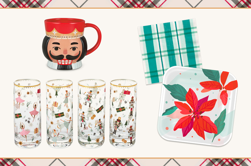 A selection of nutcracker-themed gifts for someone who does a lot of hosting at the holidays could include a set of juice glasses featuring nutcracker ballet-themed illustrations, a mug in the shape of the head of a nutcracker, and coordinating poinsettia plates and plaid dinner napkins from Hallmark's Celebrate! partyware collection.