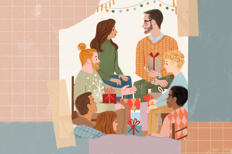 An illustration of a group of adult friends celebrating a birthday indoors.