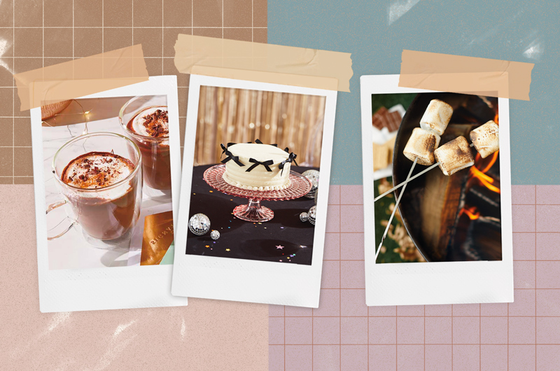 A collage of cold-weather celebration ideas, like honey hot chocolate, a cake embellished with bows sitting on a pink, glass cake stand, and marshmallows roasting over an open flame.