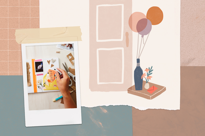 An illustration of a front door and a nearby side table with a bottle of wine, balloons and a card envelope; next to this illustration is an instant camera-style snapshot of a woman's hand placing a card in a scrapbook.