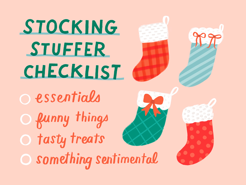 An illustrated stocking stuffer checklist, with items including essentials, funny things, tasty treats and something sentimental, alongside drawings of Christmas stockings in different designs.