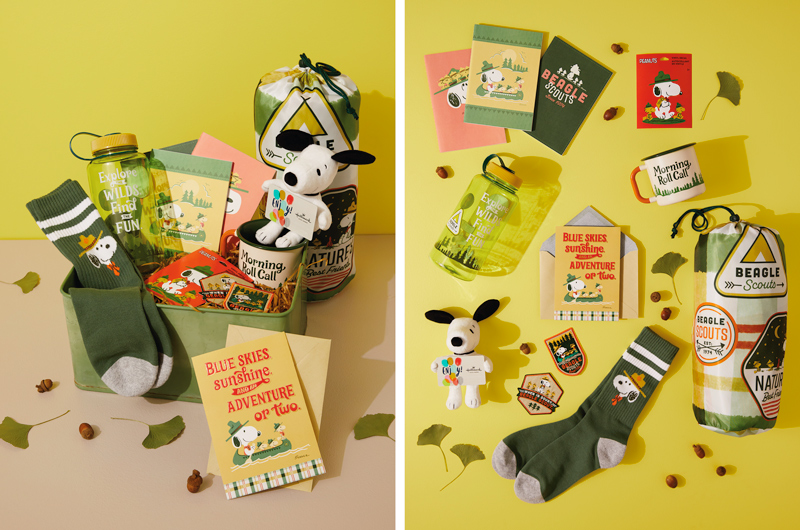 A Peanuts Snoopy Beagle Scout birthday care package filled with Beagle Scout products, including a mug, a small Snoopy plush that holds a gift card, a greeting card that reads 