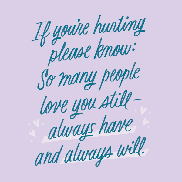 A lettered quote meant for those who are struggling with a breakup or divorce on or near Valentine's Day; the quote is set in dark blue script on a light purple background, and is embellished with light gray heart illustrations; the quote reads, 