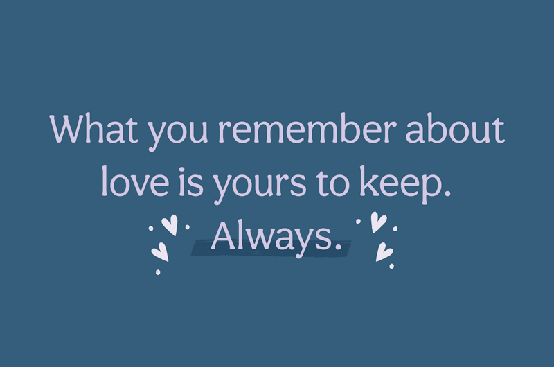 A typeset quote in light purple text on a dark blue background, embellished with simple light gray heart illustrations; the quote reads, 