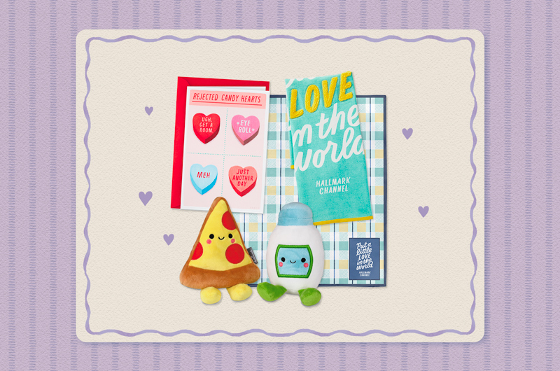 A collection of gifts for a Dad or teen that includes a humorous Valentine's Day card with rejected candy heart messages printed on it, including 
