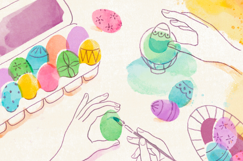 A watercolor and line art illustration of two different pairs of hands dyeing and painting Easter eggs; at the upper left of the image is an egg carton filled with finished, brightly colored eggs.
