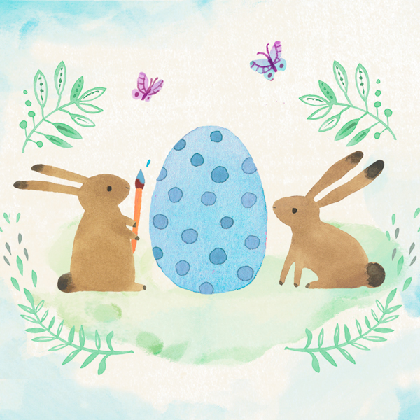 A watercolor illustration of two brown bunnies painting a blue Easter egg with darker blue polka dots, as pink and lavender butterflies flutter overhead; the scene is bordered by watercolor greenery.