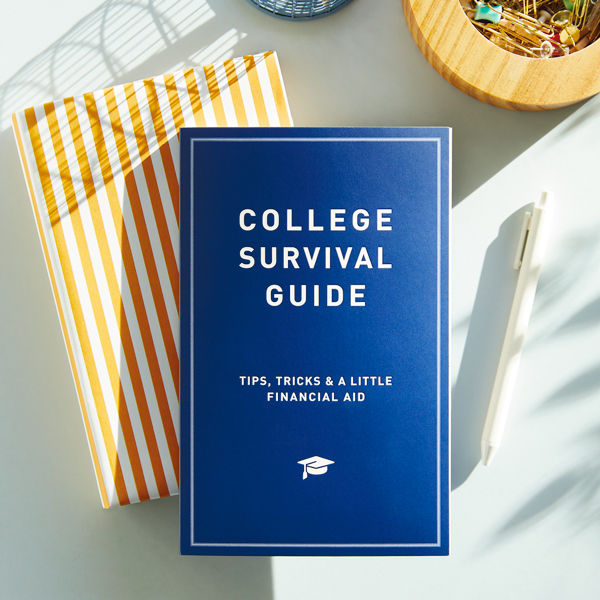A copy of Hallmark's College Survival Guide sits on top of a gift wrapped in white and yellow striped paper; they sit on a white desktop alongside a white pen and a wooden bowl filled with paperclips and push pins.