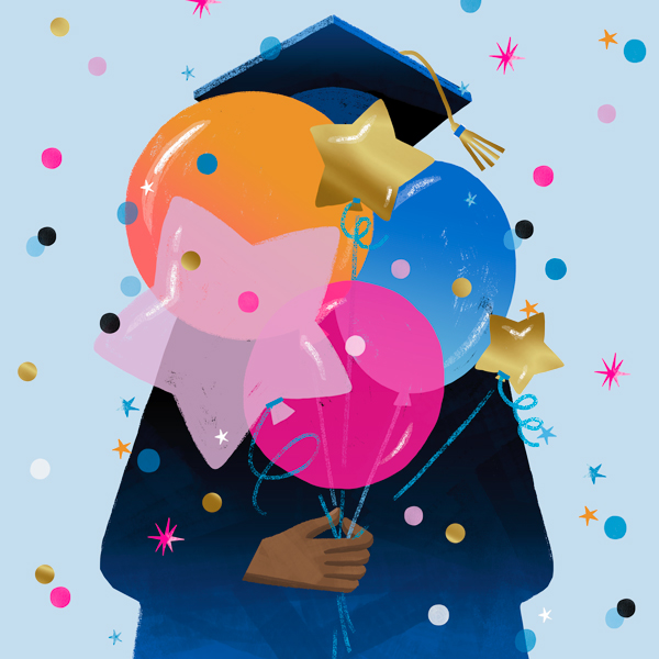 A Black graduate dressed in a graduation cap and gown holds a balloon bouquet surrounded by confetti.