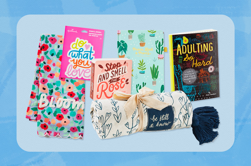 An assortment of college graduation gift ideas including a journal, tea towel, adulting book and more.