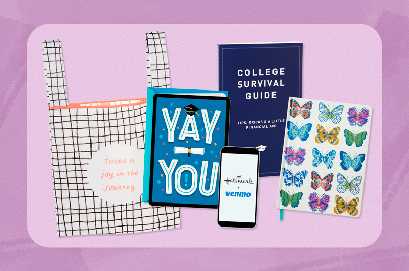 An assortment of high school graduation gift ideas, including a tote bag, Hallmark + Venmo Card, journal and College Survival Guide.