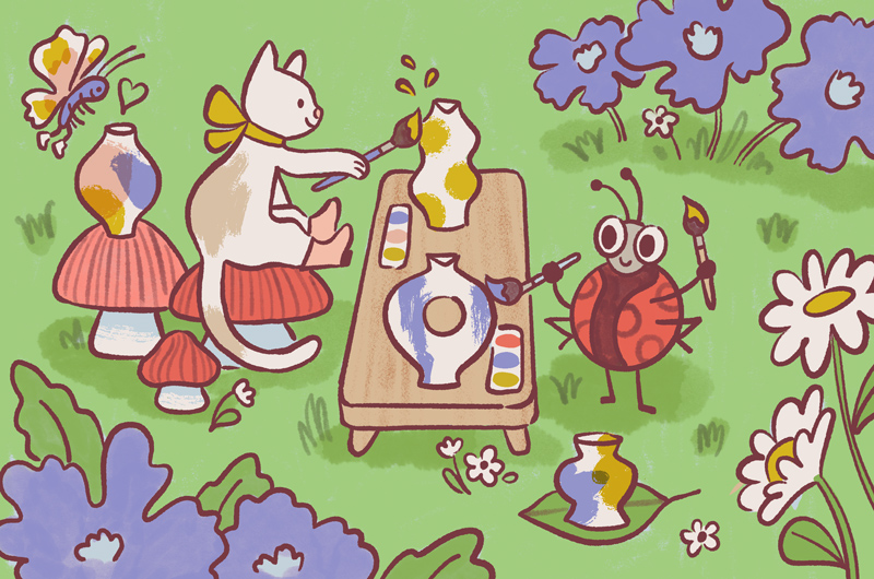 An illustration of a cat and ladybug painting pottery at a table.
