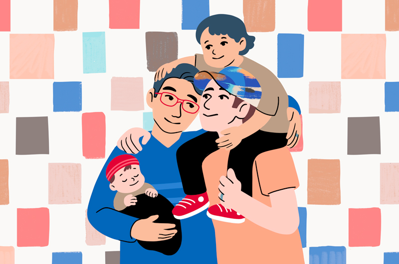An illustration of two men in a same-sex relationship holding their two young sons.