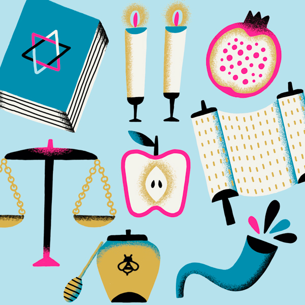 An illustration composed of several icons representing the Jewish faith, such as scrolls, weighted scales, lit candles, a jar of honey, an apple, a pomegranate and a shofar—a horn blown at Jewish holidays that is traditionally made out of a ram's horn.