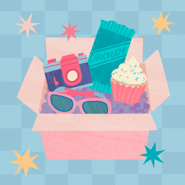An illustration of a college care package that includes a pair of sunglasses, a camera, a bar of chocolate and a cupcake in a pink box full of purple packing peanuts.