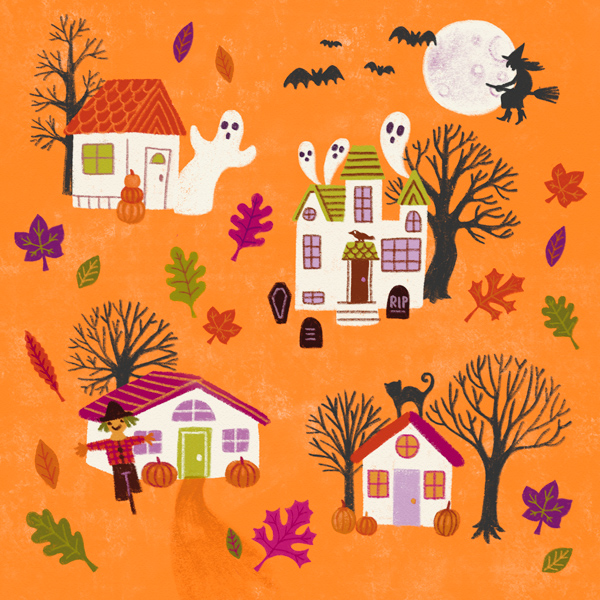 An art print featuring various Halloween-themed icons like witches and ghosts.