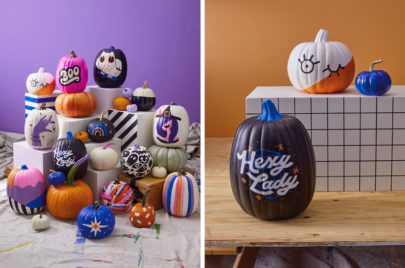 Various painted pumpkins are displayed.