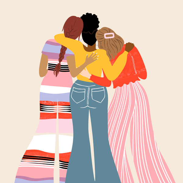 An illustration of the backs of three women as they stand side by side, hugging one another.