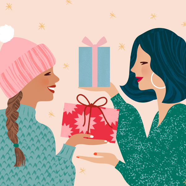 An illustration of two women exchanging holiday gifts.