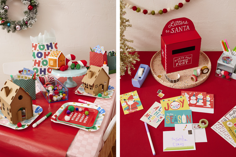 Two kids-themed Christmas pop-up experiences sit side-by-side; one is a gingerbread house decorating table, while the other is a 