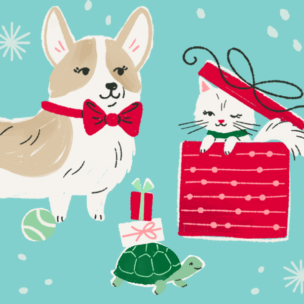 An illustration of a Corgi wearing a bowtie, a white kitten in a red gift box, and a turtle with a small stack of gifts balanced on his shell.