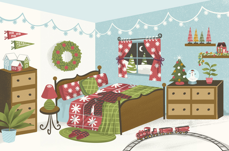 A sweet illustration of a child's bedroom that's been decorated for the holidays, with a snowflake light garland hung from the ceiling, bottle brush trees, Christmas village houses and snowglobes lining shelves and dresser tops, and Christmas-themed bedding and curtains.