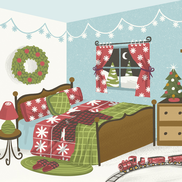 A sweet illustration of a child's bedroom that's been decorated for the holidays, with a snowflake light garland hung from the ceiling, bottle brush trees, Christmas village houses and snowglobes lining shelves and dresser tops, and Christmas-themed bedding and curtains.