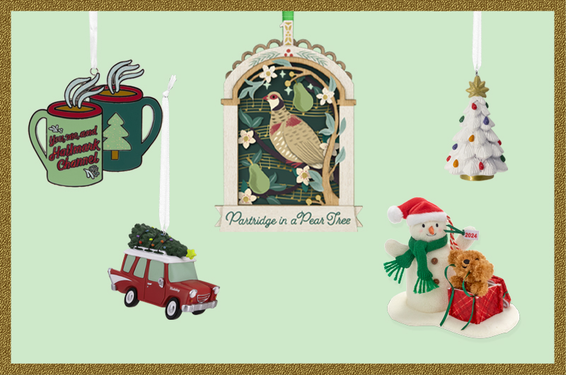 A collection of Hallmark Keepsake Ornaments against a mint green background.