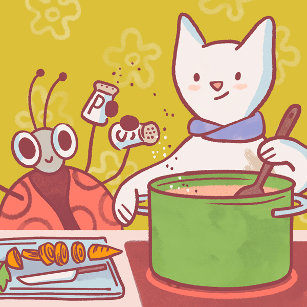 An illustrated cat and ladybug cook together to make soup; the cat is stirring the soup while the ladybug uses her many hands to shake in salt and pepper while chopping a carrot.