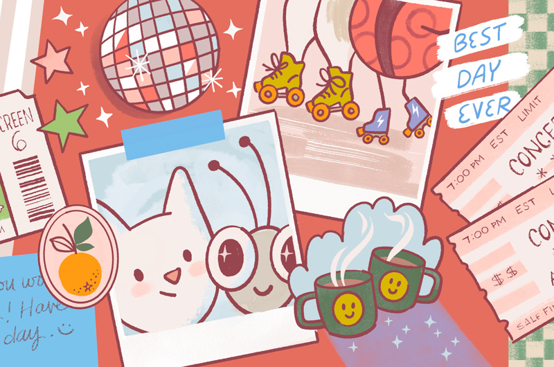 An illustration of keepsakes and ephemera from the escapades of a cat and ladybug friend duo, including concert tickets, notes, photos form a rollerskating outing, and stickers.