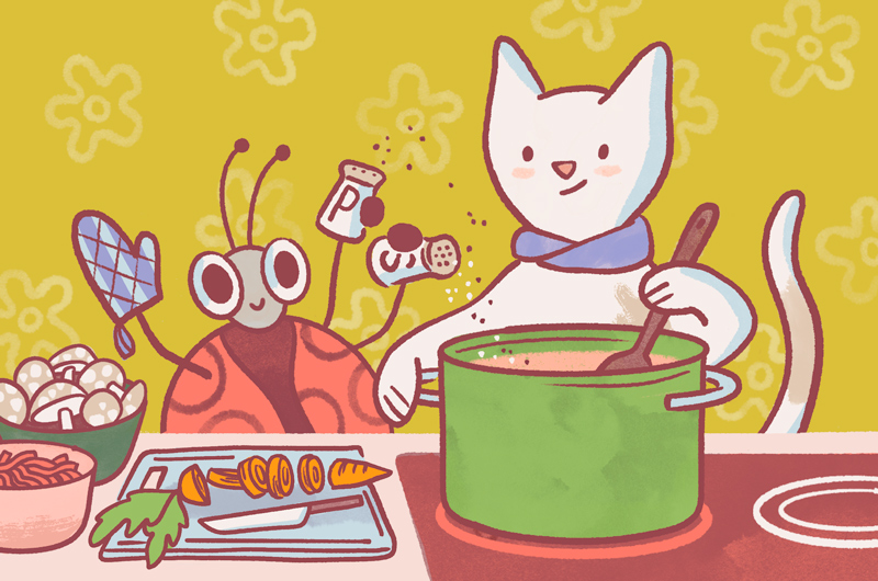 An illustrated cat and ladybug cook together to make soup; the cat is stirring the soup while the ladybug uses her many hands to shake in salt and pepper while chopping a carrot.