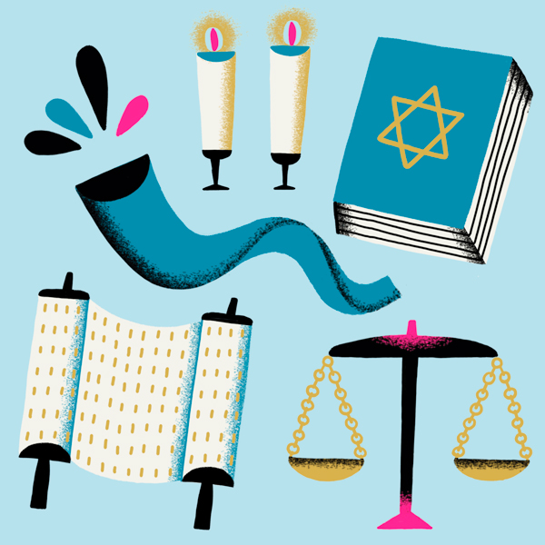 An illustration of elements common in a Yom Kippur observance or celebration, including a shofar, the Talmud, a pair of scales signifying judgement, a prayer book with a Star of David on the front, and a pair of pillar candles that have been lit.