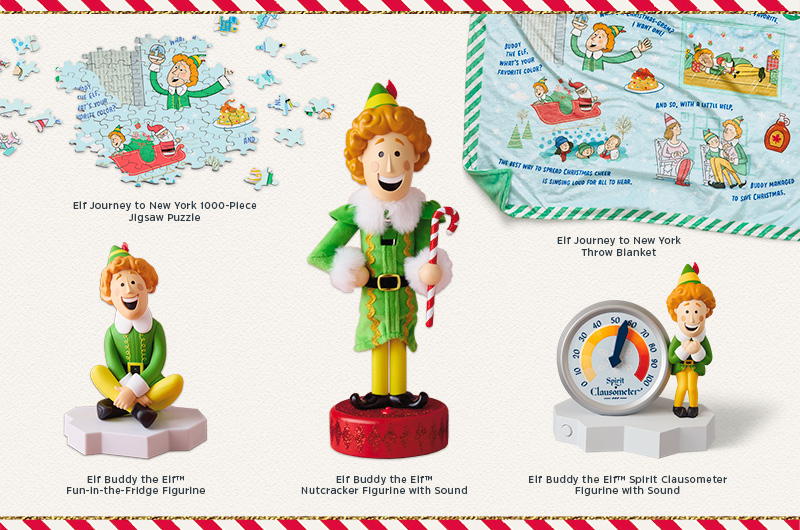 A collection of gifts based on the 2002 movie Elf, including a 1000-piece jigsaw puzzle portraying Buddy the Elf's journey to New York; a throw blanket portraying the same journey; a Buddy the Elf 