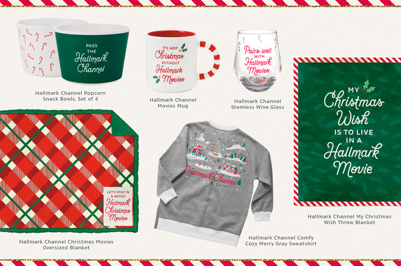 A collection of Hallmark Channel gifts, including a green and red plaid throw blanket with a patch on it that reads, 