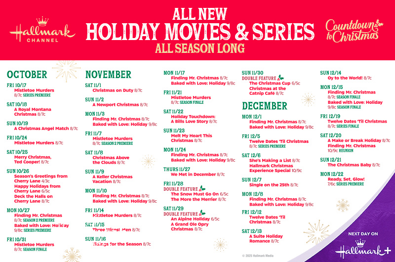 A schedule for the 2025 Hallmark Channel Countdown to Christmas movie event.