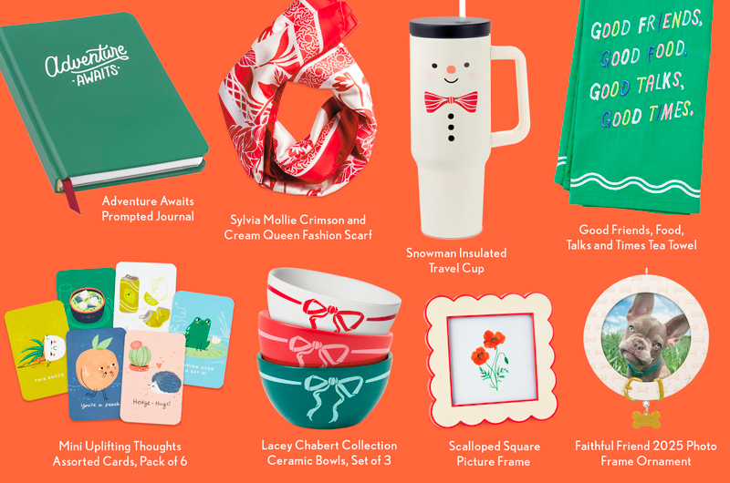 A collection of stocking stuffer ideas for friends, including a prompted adventure journal, a Sylvia Mollie Crimson and Cream fashion scarf, a snowman insulated travel mug, a tea towel that reads, 