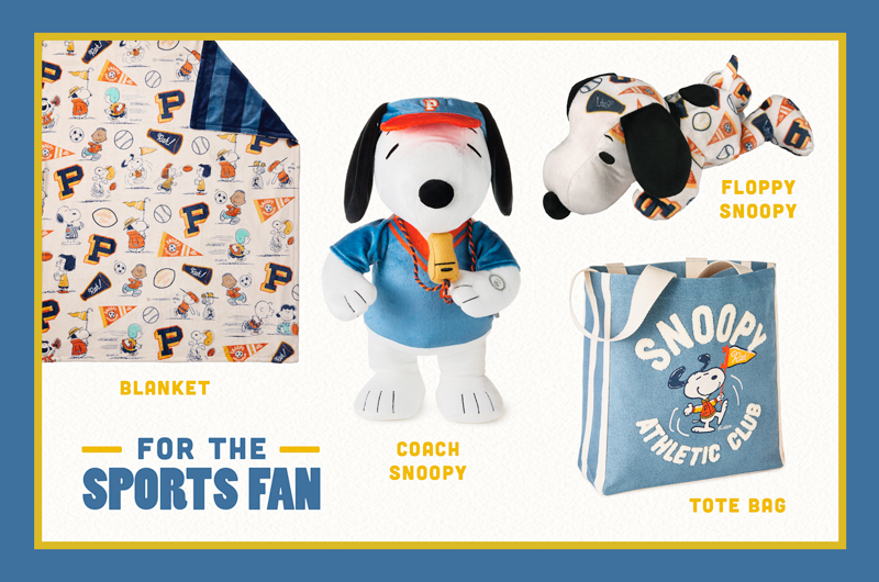 A collection of Peanuts Snoopy gifts featuring a floppy plus Snoopy covered in a sports-themed pattern, a fleece blanket covered in the same pattern, an interactive Coach Snoopy plush with sound and motion, and a tote bag that reads 