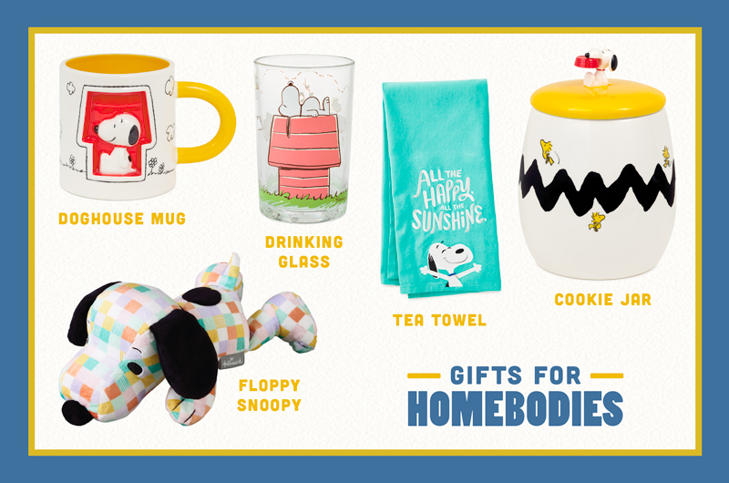 A collection of Peanuts Snoopy gifts that's perfect for homebodies, including a cookie jar, a tea towel, a drinking glass, a mug and a floppy Snoopy plush.