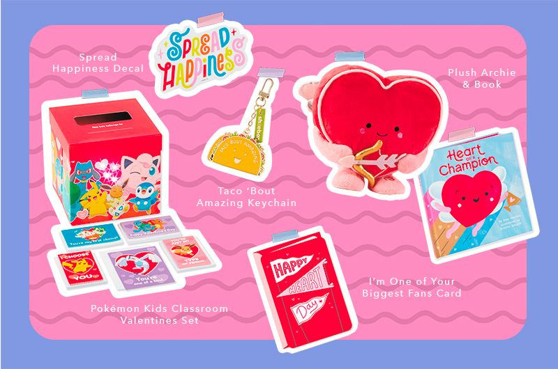 A selection of Valentine's Day gifts for a young boy that includes a plush heart and coordinating book, a novelty keychain shaped like a taco that reads, 
