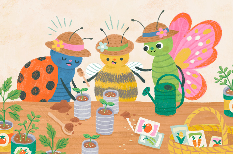 An illustration of a trio of cartoonish insects, including a bee, a lady bug and a butterfly, in straw gardening hats; they are standing at a potting bench and planting seeds into tin cans for spring gardening.