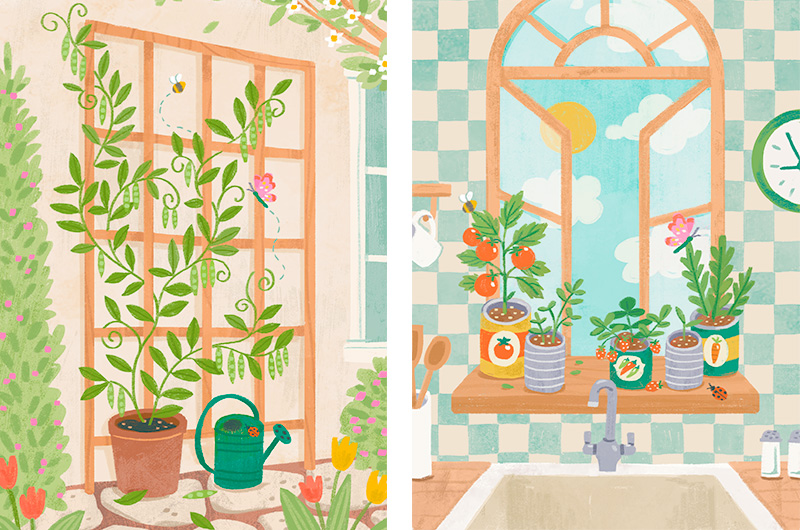 Two side-by-side illustrations of small garden ideas, including a potted sweet pea plant that utilizes a trellis to grow vertically, and a sunny windowsill where a collection of herbs and small vegetables are grown in containers.