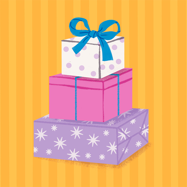 An illustration of a stack of gifts on an orange and yellow vertical stripe background.