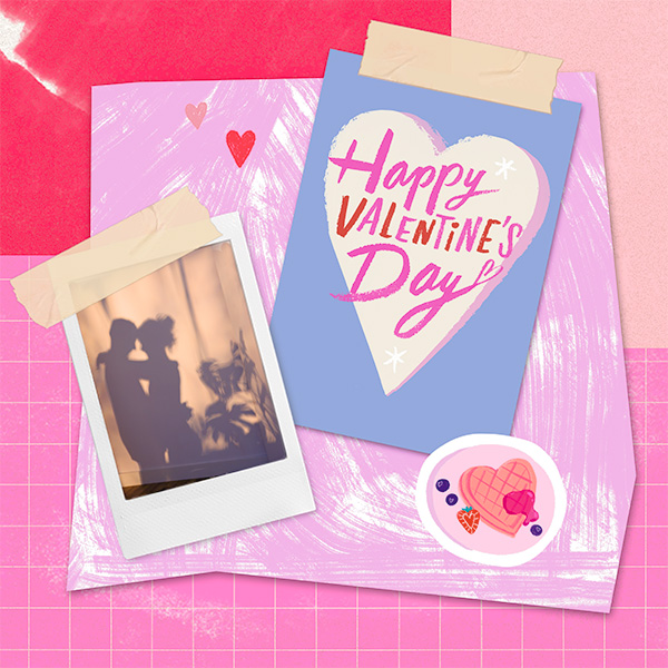 A collage-style illustration that incorporates the artwork from the front of a greeting card that reads, 